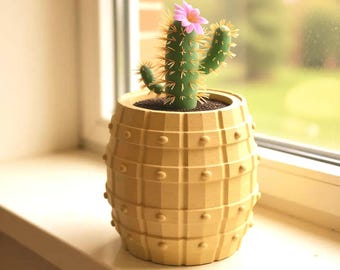 Barrel Shaped Cactus Planter – 3D Printable STL File, Rustic Succulent Pot, Digital Download