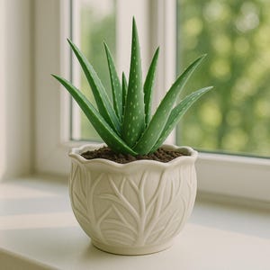 以下が含まれることがあります： 緑のアロエベラ植物が、クリーム色のセラミックポットに入っています。装飾的なポットには葉の模様があります。全体は白い窓枠に置かれ、背景にはぼやけた緑の葉があります。