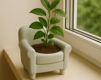 May include: A small, light green armchair planter with a vibrant green plant growing inside. The miniature chair has a rounded back and armrests, and sits on four short legs. The plant has several large, green leaves and is potted in brown soil.