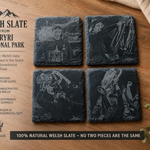 May include: Four square slate coasters featuring laser-engraved images of a sports team celebrating with trophies. The text on the left reads WELSH SLATE FROM ERYRI NATIONAL PARK, and the bottom text states 100% NATURAL WELSH SLATE - NO TWO PIECES ARE THE SAME.