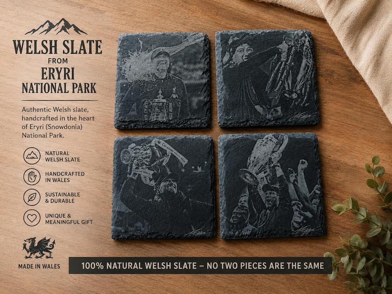 May include: Four square slate coasters featuring laser-engraved images of a sports team celebrating with trophies. The text on the left reads WELSH SLATE FROM ERYRI NATIONAL PARK, and the bottom text states 100% NATURAL WELSH SLATE - NO TWO PIECES ARE THE SAME.
