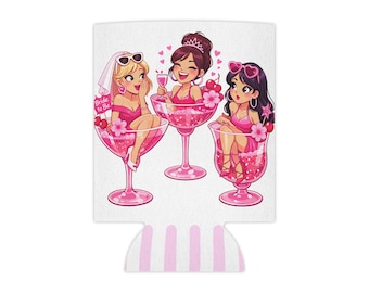 Bachelorette Girls in Cocktail Glasses Can Cooler | Pink Stripe Drink Koozie