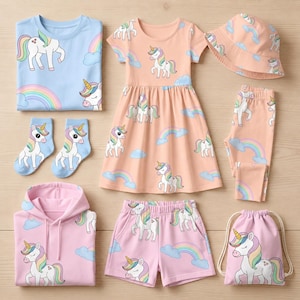 Può includere: Una collezione di capi d'abbigliamento con motivo a unicorno e arcobaleno, tra cui una t-shirt azzurra, un vestito color pesca, un cappello da pescatore color pesca, leggings color pesca, calzini azzurri, una felpa rosa, pantaloncini rosa e una sacca.