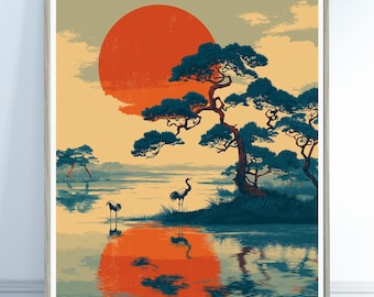 Japanese Crane in Swirling Cloud Skies, Woodblock-style Poster - Etsy