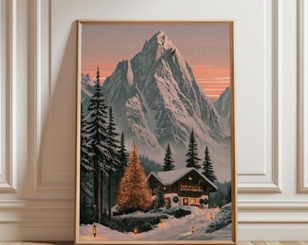 Affiche de Noël, Décoration murale de Noël, Décoration festive, Art d'hiver, Affiche d'hiver, Affiche de montagne, Art de neige, Art d'arbre de Noël, Art de Noël