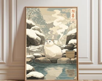 Può includere: Stampa artistica incorniciata raffigurante un gatto bianco e soffice in una sorgente termale. L'opera d'arte ha un'estetica giapponese, con un paesaggio innevato, vapore e un secchio di legno. La stampa è in una cornice di legno.