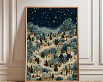 Affiche de Noël, Décoration murale de Noël, Décoration festive, Art d'hiver, Affiche d'hiver, Art de la neige, Art du sapin de Noël, Affiche de village, Sapins de Noël