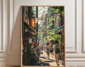 Affiche de rue japonaise, style rétro pastel anime Tokyo, poster vintage Ghibli paysage urbain estival, décoration murale esthétique lo-fi nostalgique