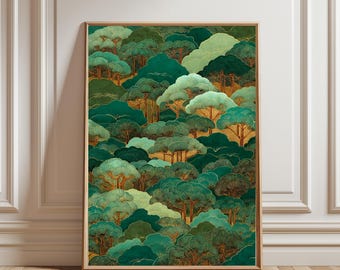 Pôster vintage japonês de floresta, arte em xilogravura, decoração Japandi, arte botânica para parede.