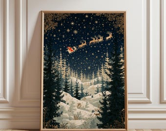 Affiche de Noël, Décoration murale de Noël, Décoration festive, Art d'hiver, Affiche d'hiver, Illustration de renne, Art de neige, Illustration de sapin de Noël, Art de Noël