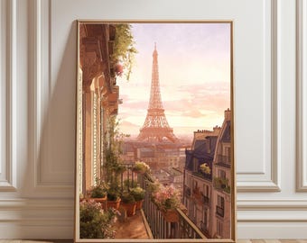 Paris Painting Eiffel Tower Balcony View Watercolor Art Print France Cityscape Sunset Paris Evening Wall Decor Large Wall Art Travel Poster