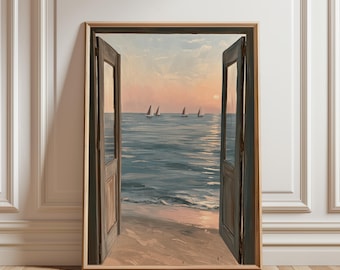 Coucher de soleil pastel, vue par la fenêtre ouverte, œuvre minimaliste, art abstrait, impressions roses, décoration scandinave, vue sur la mer, art mural pour le salon.