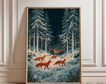 Affiche de Noël, Décoration murale de Noël, Décoration festive, Art d'hiver, Affiche d'hiver, Motif renard, Art de la neige, Art du sapin de Noël, Art de Noël