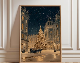 Affiche de Noël, Décoration murale de Noël, Décoration festive, Art d'hiver, Affiche d'hiver, Art de la neige, Art du sapin de Noël, Affiche de cheval et de calèche