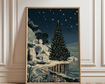 Affiche de Noël, Décoration murale de Noël, Décoration festive, Art d'hiver, Affiche d'hiver, Art de la neige, Art du sapin de Noël, Affiche style cottagecore
