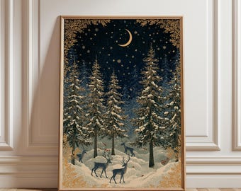 Affiche de Noël, Décoration murale de Noël, Décoration festive, Art d'hiver, Affiche d'hiver, Illustration de renne, Art de neige, Illustration de sapin de Noël, Art de Noël