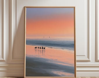 Coucher de soleil pastel, œuvre minimaliste, art abstrait, impressions roses, décoration scandinave, vue sur la mer, décoration murale pour salon, affiche de cheval
