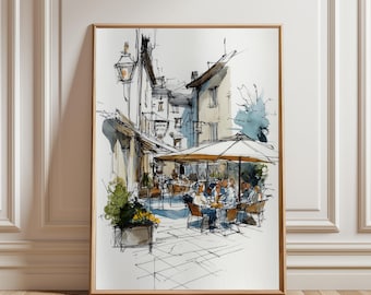 Cafe Watercolor, Cityscape Watercolor Art Print, Kitchen Prints,  Wall Art, Travel Sketch, Art Prints, coffee shop
