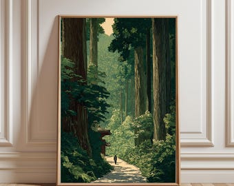 Pôster vintage japonês de floresta, arte em xilogravura, inspirado em "A Estrada para Nikko" de Kawase Hasui, decoração japonesa (Japandi), arte botânica para parede.
