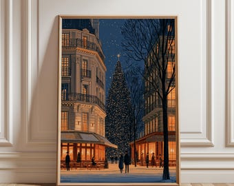 Décoration murale de Noël parisienne, affiche vintage de Noël à Paris, décoration de Noël française, poster d'hiver parisien, art de Noël européen, sapin de Noël