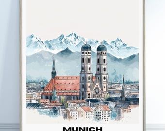 May include: Watercolor print of Munich, Germany, featuring the Frauenkirche cathedral with twin towers and a red-tiled roof. The artwork includes a mountain range in the background and the city name in bold text.