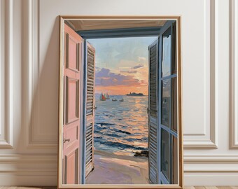 Coucher de soleil pastel, vue par une fenêtre à volets, œuvre minimaliste, art abstrait, impressions roses, décoration scandinave, vue sur la mer, décoration murale pour le salon.