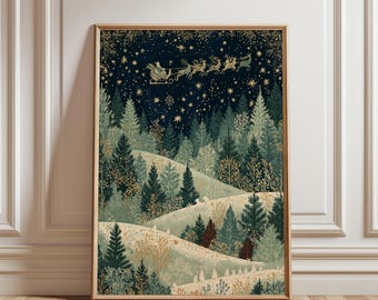 Affiche de Noël, Décoration murale de Noël, Décoration festive, Art d'hiver, Affiche d'hiver, Illustration de renne, Art de neige, Illustration de sapin de Noël, Art de Noël
