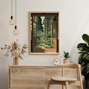 Pode incluir: Uma impress&atilde;o art&iacute;stica emoldurada retrata uma serena cena de floresta vista atrav&eacute;s de uma porta aberta. A obra de arte apresenta um caminho que leva a uma exuberante floresta verde com &aacute;rvores altas. A moldura &eacute; marrom quente, e a est&eacute;tica geral &eacute; calma e natural.