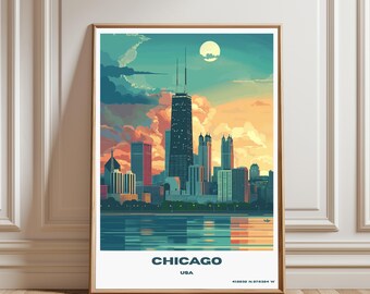 Chicago Travel Print Chicago Wall Art Chicago Poster Chicago Illinois Print Chicago Skyline Art Travel Decor Chicago Gift vintage travel