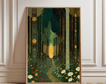 Affiche inspirée de Gustav Klimt représentant un chemin forestier, ornée d'arbres fleuris colorés, représentant un paysage d'automne doré, décoration intérieure inspirée par la nature