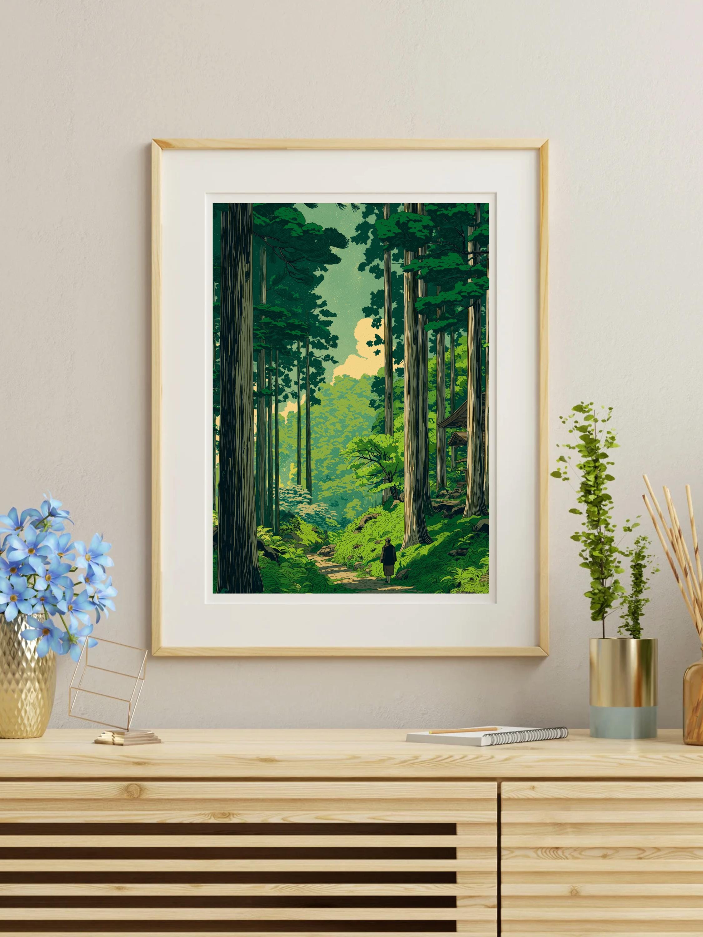 Vintage Japanese Forest Poster, Woodblock Art, Road to Nikko by