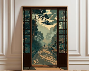 May include: A framed wall art print depicting a view through an open doorway into a forest path. The scene features a person walking away on a sunlit trail surrounded by dark green trees and foliage, framed by a dark brown wooden door structure.