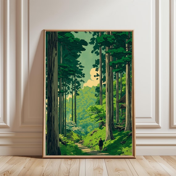 Vintage Japanese Forest Poster, Woodblock Art, Road to Nikko by