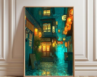 Illustration japonaise de style manga représentant une maison de thé à Tokyo, scène de café dans une rue de la ville, affiche murale style anime, poster décoratif moderne Ukiyo-e, affiche de voyage