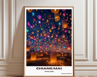 Chiang Mai Lantern Festival Poster, Thailand Travel Wall Art, Asian Night Sky Print, Temple Decor, Wanderlust Gift, Thailand poster