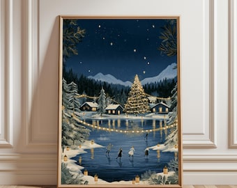 Weihnachtsposter, Weihnachtswandbilder, Festliche Dekoration, Winterkunst, Winterposter, Schlittschuhlaufen, Schneekunst, Weihnachtsbaumkunst, Zugefrorener See
