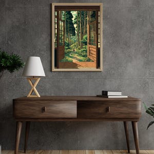 Pôster vintage japonês de floresta, arte em xilogravura, inspirado em Hasui Kawase, decoração japonesa (Japandi), arte botânica para parede, vista da janela. imagem 4