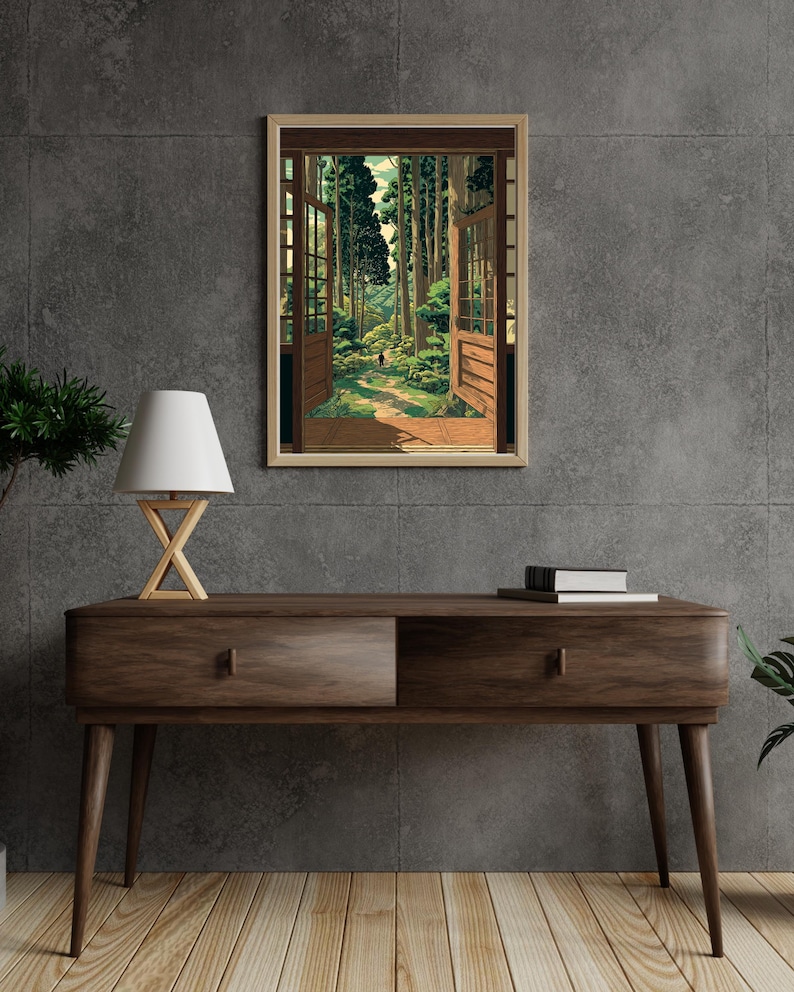 Pôster vintage japonês de floresta, arte em xilogravura, inspirado em Hasui Kawase, decoração japonesa (Japandi), arte botânica para parede, vista da janela. imagem 4