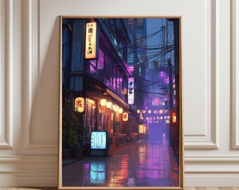 Illustration japonaise de style manga représentant une maison de thé à Tokyo, scène de café dans une rue de la ville, affiche murale style anime, poster décoratif moderne Ukiyo-e, affiche de voyage