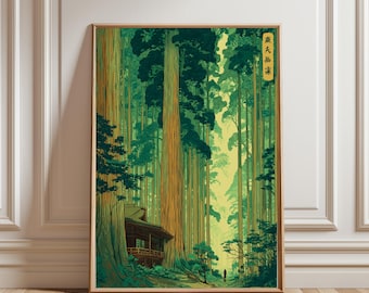 Vintage Japanese Forest Poster, Woodblock Art, Inspired by Kawase Hasui, Japandi Decor, Botanical Wall Art, shuttered window view