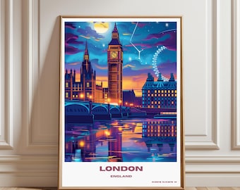 London Travel Poster England Wall Art Cityscape Print Landmark View Illustration Big Ben Decor London Gift Souvenir Scene