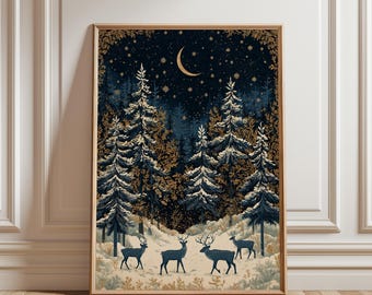 Affiche de Noël, Décoration murale de Noël, Décoration festive, Art d'hiver, Affiche d'hiver, Illustration de renne, Art de neige, Illustration de sapin de Noël, Art de Noël