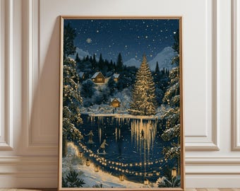 Affiche de Noël, Décoration murale de Noël, Décoration festive, Art d'hiver, Affiche d'hiver, Patinage sur glace, Art de la neige, Art du sapin de Noël, Lac gelé