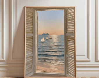 Coucher de soleil pastel, vue par une fenêtre à volets, œuvre minimaliste, art abstrait, impressions roses, décoration scandinave, vue sur la mer, décoration murale pour le salon.