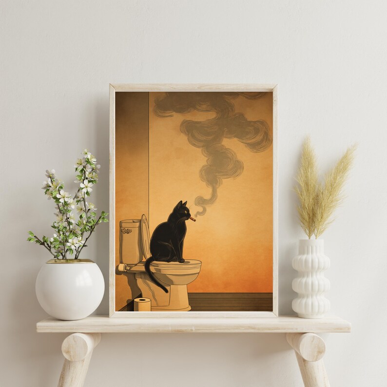 Japanese Black Cat on Toilet Print: Funny Bathroom Wall Art - Etsy