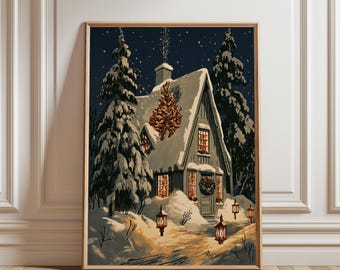 Affiche de Noël, Décoration murale de Noël, Décoration festive, Art d'hiver, Affiche d'hiver, Art de la neige, Art du sapin de Noël, Affiche style cottagecore