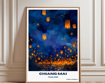 Chiang Mai Lantern Festival Poster, Thailand Travel Wall Art, Asian Night Sky Print, Temple Decor, Wanderlust Gift, Thailand poster