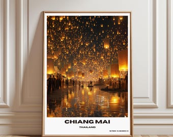 Chiang Mai Lantern Festival Poster, Thailand Travel Wall Art, Asian Night Sky Print, Temple Decor, Wanderlust Gift, Thailand poster