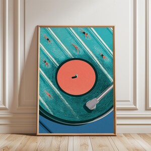 Vinylposter med simbassäng, väggkonst med simmare, skivspelare, retro sportposter, sommardekor med pool, present till musikälskare