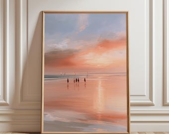 Coucher de soleil pastel, œuvre minimaliste, art abstrait, impressions roses, décoration scandinave, vue sur la mer, décoration murale pour salon, affiche de cheval